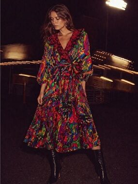 Diane Freis vintage 80s 90s bright abstract belted dress